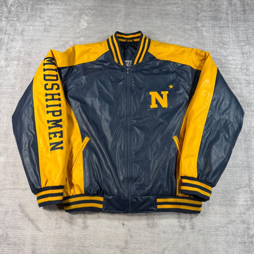 Navy Midshipmen Jacket Mens Large Blue Faux Leather Varsity Steve & Barrys